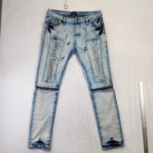 Black Premium Skinny Flex Mens 34x30 Light Wash Distressed Moto Zipper Jeans